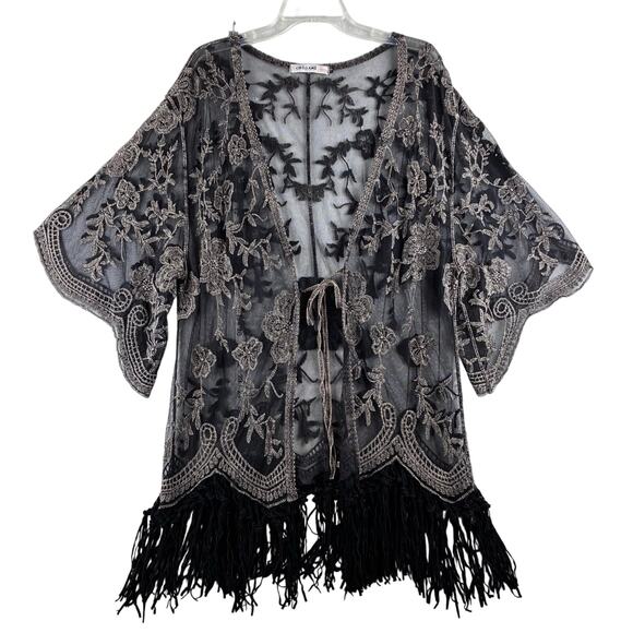 Origami Vivien Kimono Womens OS Embroidered Lace Sheer Boho Gypsy Leather Fringe - Picture 1 of 16